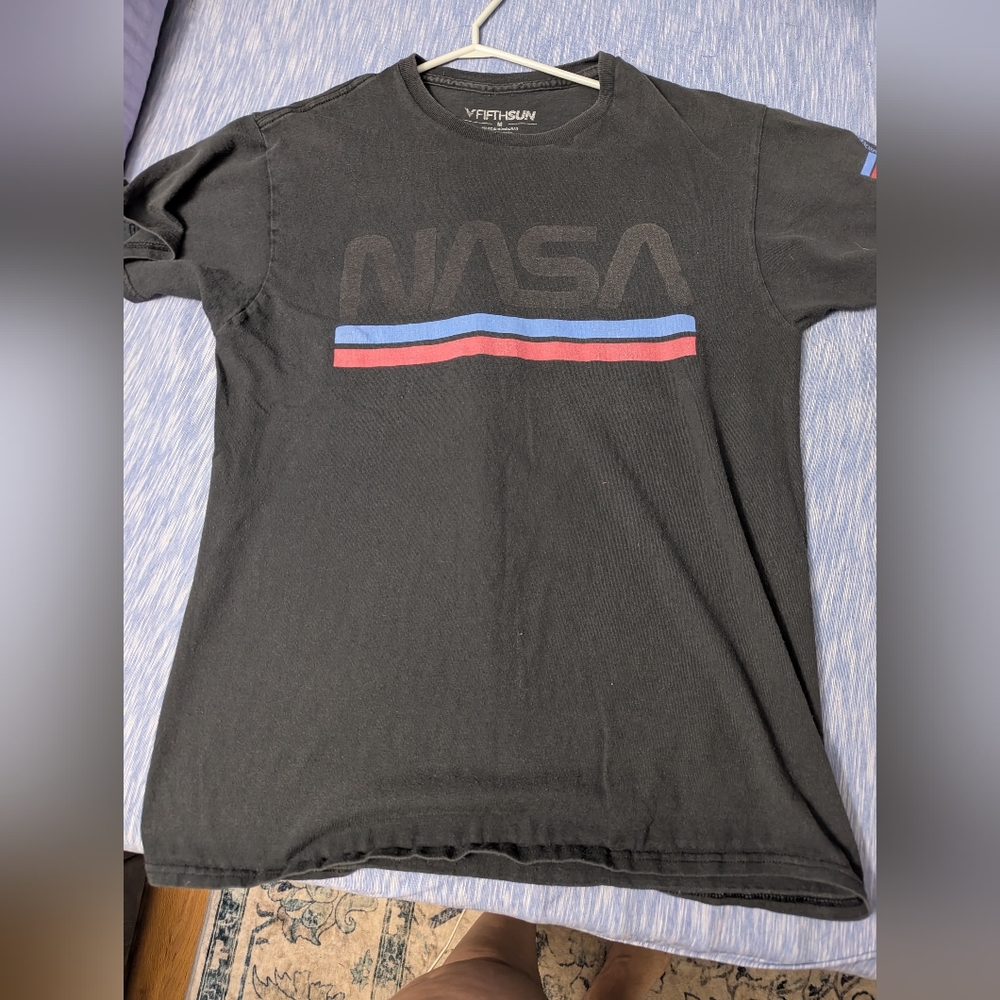 Fifth Sun Black NASA T-Shirt with Red and Blue Stripes Vintage Look